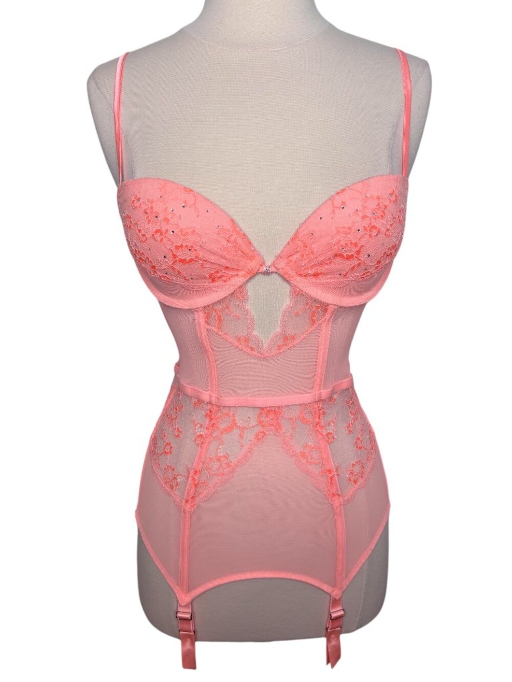 Victoria's Secret Coral Pink Mesh Bling Lace Push Up Underwire Lingerie Size 34C